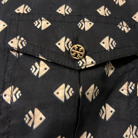 TORY BURCH Sz 6 Black Kingfish Print Long Sleeve Utility Shirt Top - Picture 4 of 9